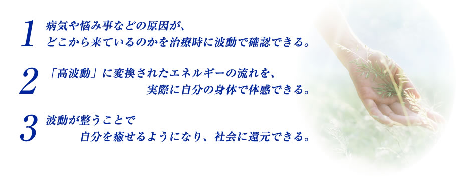 1.病気や悩み事などの原因が、どこから来ているのかを治療時に波動で確認できる。 2.「高波動」に変換されたエネルギーの流れを、実際に自分の身体で体感できる。 3.波動が整うことで自分を癒せるようになり、社会に還元できる。